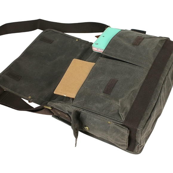 15.5" Large Wax Canvas Laptop Bag Waxed Canvas Messenger Bag Unisex Bag C31LW-CB - Picture 4 of 5